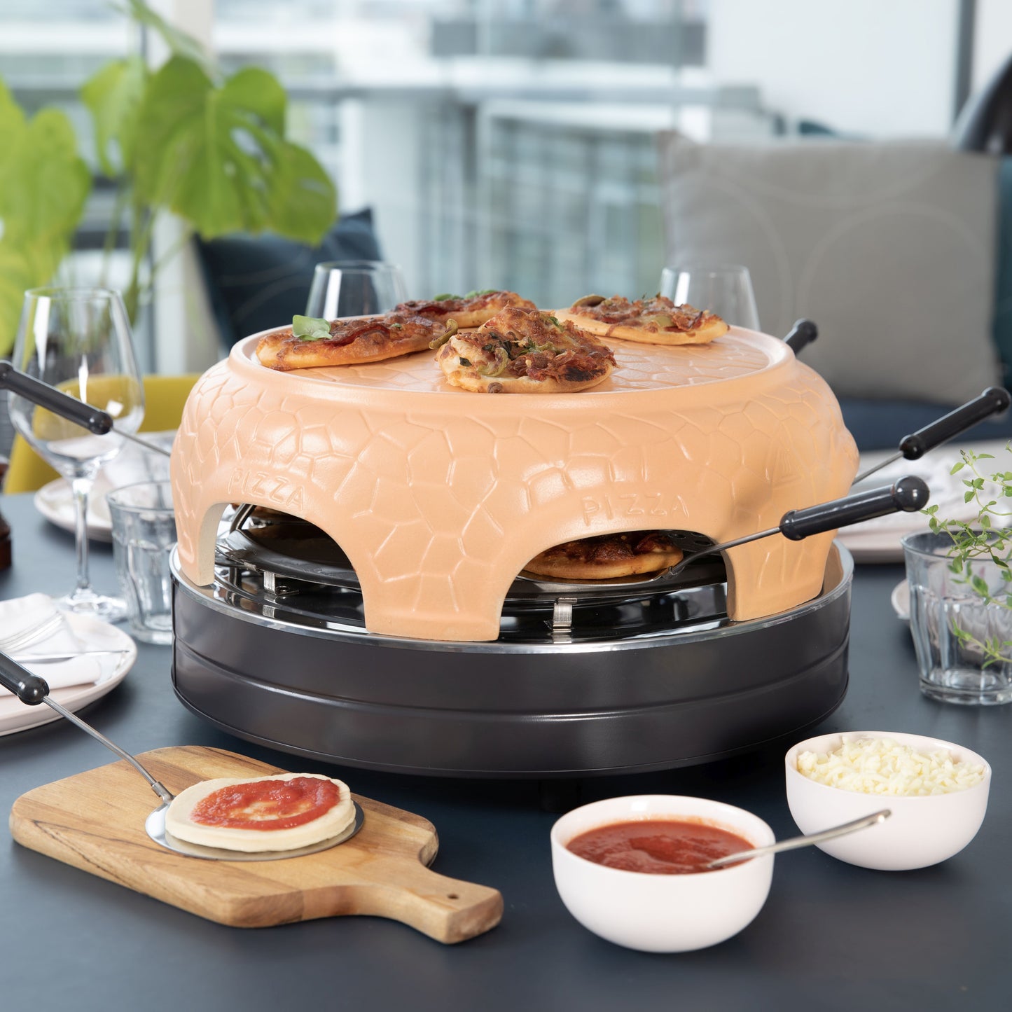 Gastronoma 18310017 - Pizza oven voor 6 personen - Inclusief bakspatels, bakplaat en pizzavorm - Keramiek/Grijs